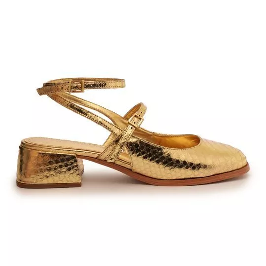 Slingback Em Couro- Dourado- Salto: 4cm