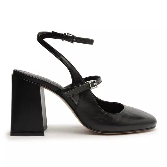 Slingback Em Couro- Preto- Salto: 8cm