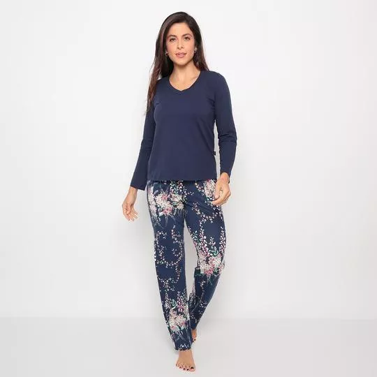 Pijama Floral -  Azul Marinho & Rosa -