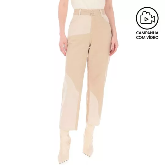 Calça Cropped Com Recortes -  Bege Claro & Bege -