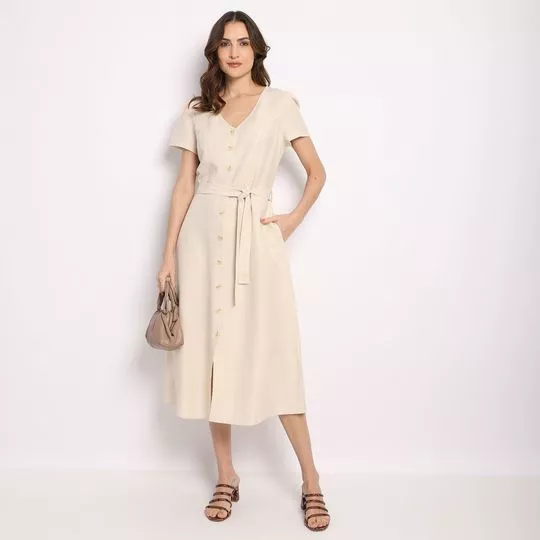 Vestido Midi Com Linho -  Bege Claro -