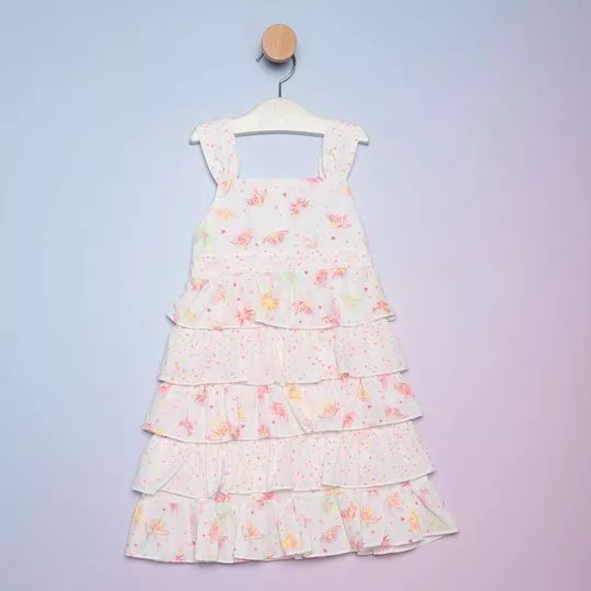 Vestido Com Babados -  Off White & Rosa - PETIT CHERIE