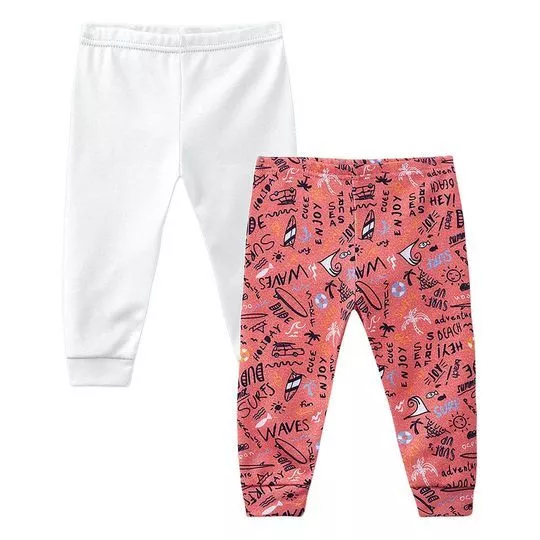 Kit De Calças Jogger Com Inscrições -  Branco & Coral - Marisol