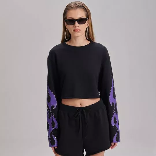 Blusão Cropped Com Termocolantes -  Preto & Roxo - My Favorite Things