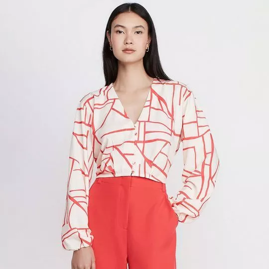 Camisa Abstrata Com Franzidos- Off White & Rosa