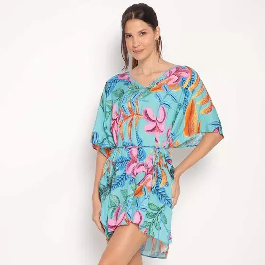 Kaftan Curto Floral -   Azul & Laranja - Morena Rosa