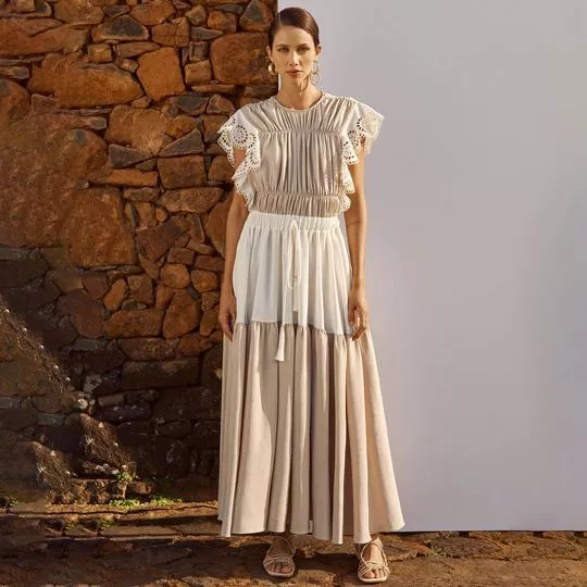 Vestido Mídi Com Recortes -  Bege & Off White - Amarante