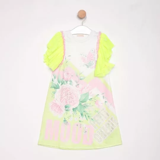 Vestido Floral Com Termocolantes -   Verde Neon & Rosa Claro - PETIT CHERIE