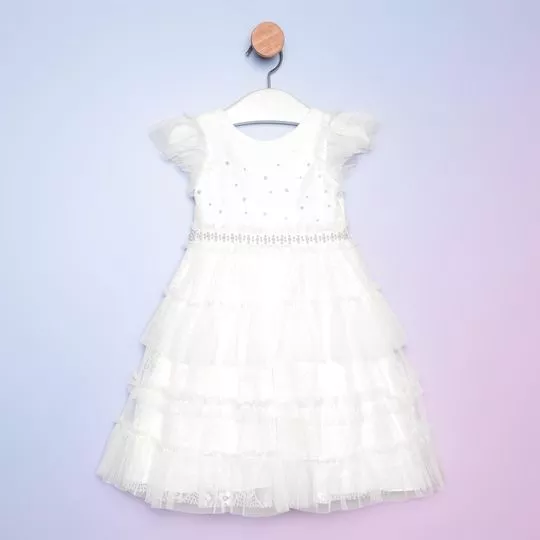 Vestido Em Tule Com Pedrarias -   Branco - PETIT CHERIE