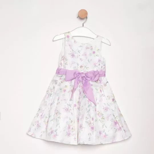 Vestido Floral Com Laço -  Branco & Lilás - PETIT CHERIE