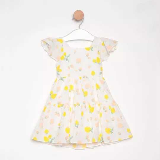 Vestido Frutas Com Recortes -   Branco & Amarelo - PETIT CHERIE