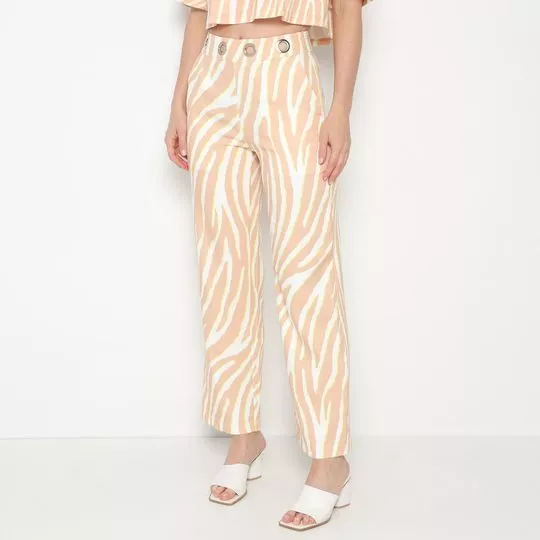 Calça Reta Animal Print -  Off White & Laranja Claro - ZINCO