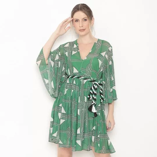 Vestido Curto Geométrico -  Verde & Off White - Sclub