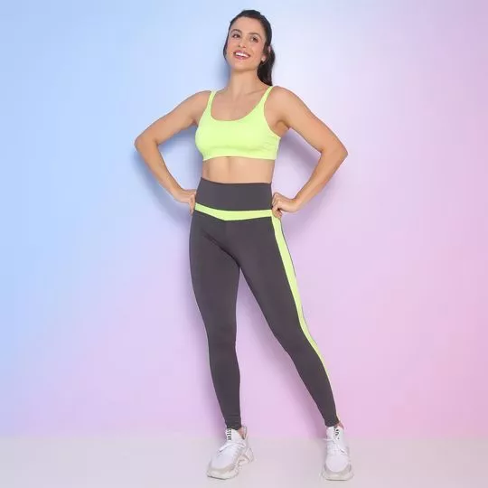 Conjunto De Top & Legging Com Recortes -  Amarelo Neon & Cinza Escuro - PATRA