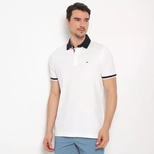 Polo Com Bordado -  Branca & Azul Marinho - Tommy Hilfiger