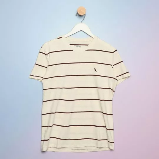 Camiseta Listrada Com Linho -  Off White & Marrom -   Reserva Mini