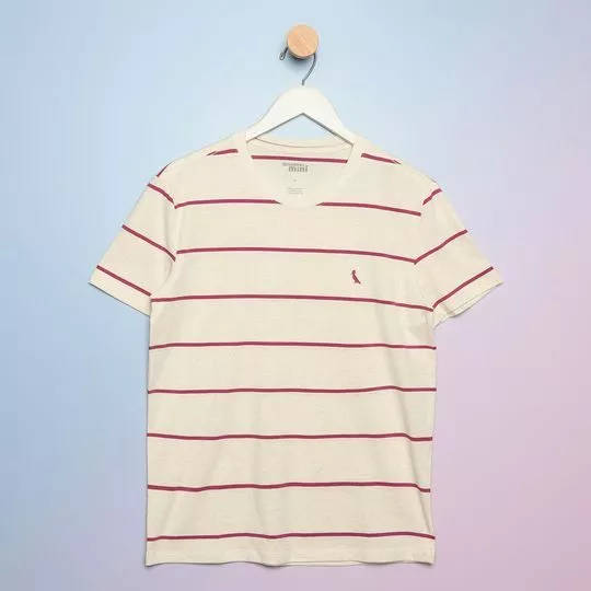 Camiseta Listrada Com Linho -  Off White & Rosa Escuro -   Reserva Mini