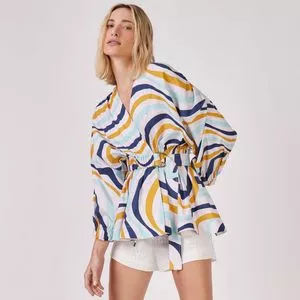 Blusa Abstrata<BR>- Branca & Azul Marinho