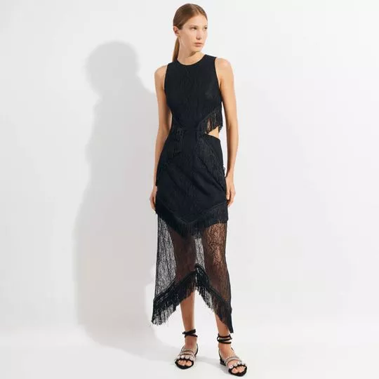 Vestido Midi Em Renda- Preto