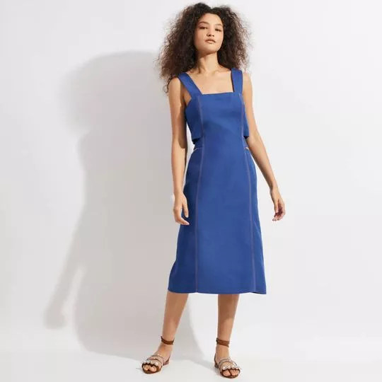 Vestido Midi Em Linho- Azul