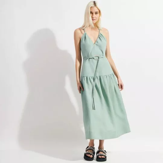 Vestido Midi Em Linho- Verde Água