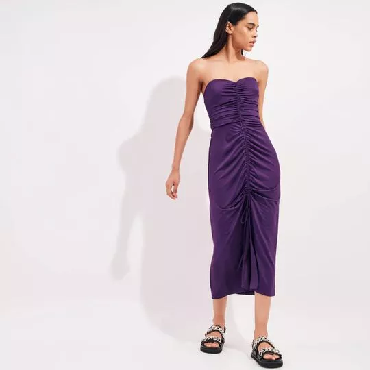 Vestido Midi Sem Alça Com Franzidos- Roxo