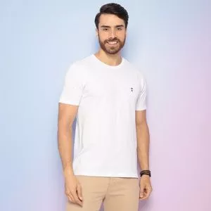 Camiseta Com Bordado<BR>- Branca & Azul Marinho