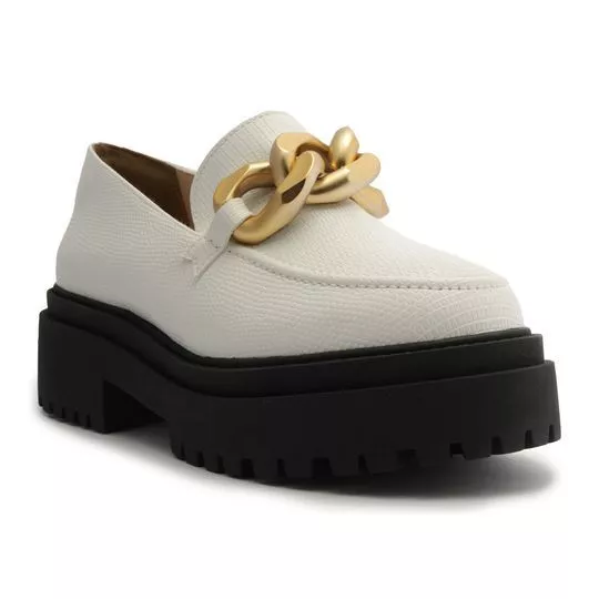 Loafer Meia Pata Com Aviamento -  Branco & Dourado -  Salto: 5cm - My Shoes