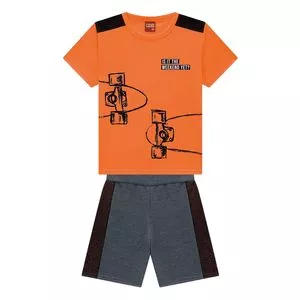 Conjunto De Camiseta Skates & Bermuda Lisa<BR> - Laranja & Cinza Escuro<BR> - Kyly