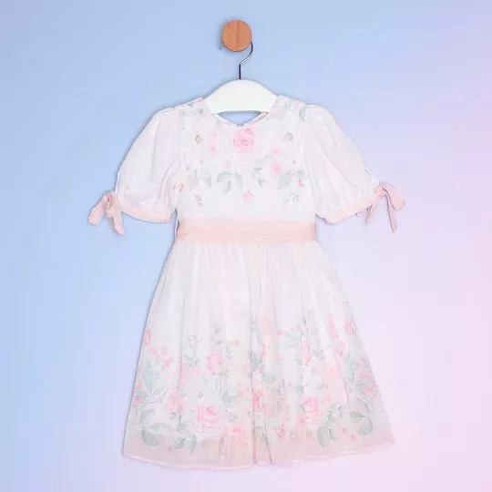 Vestido Floral Com Faixa - Branco & Rosa Claro - PETIT CHERIE