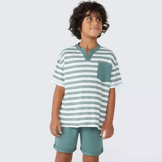 Pijama Listrado - Branco & Verde - Hering Kids