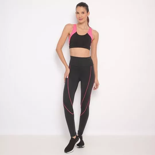 Conjunto De Top & Legging Com Recortes -  Preto & Pink - PATRA