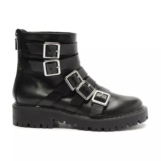 Bota Em Couro Com Fivelas -  Preta -  Salto: 3cm - Schutz