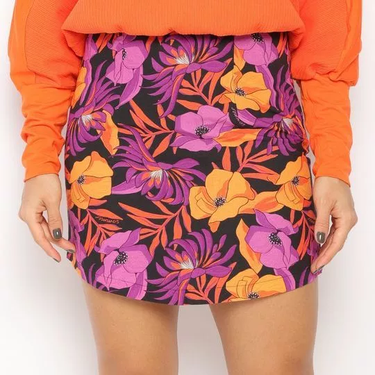 Saia Curta Floral - Preta & Laranja - Sommer