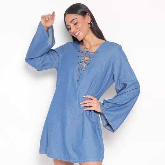 Vestido Jeans Curto Com Amarração -  Azul - ZINCO