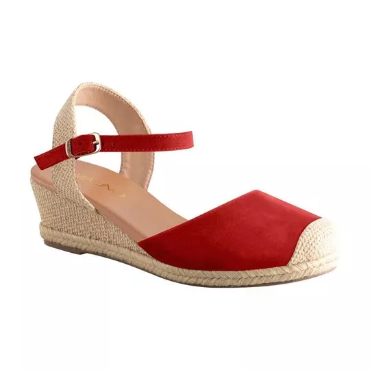 Espadrille Anabela Acamurçada -  Vermelha & Bege Claro -  Salto: 5,5cm - VIA UNO