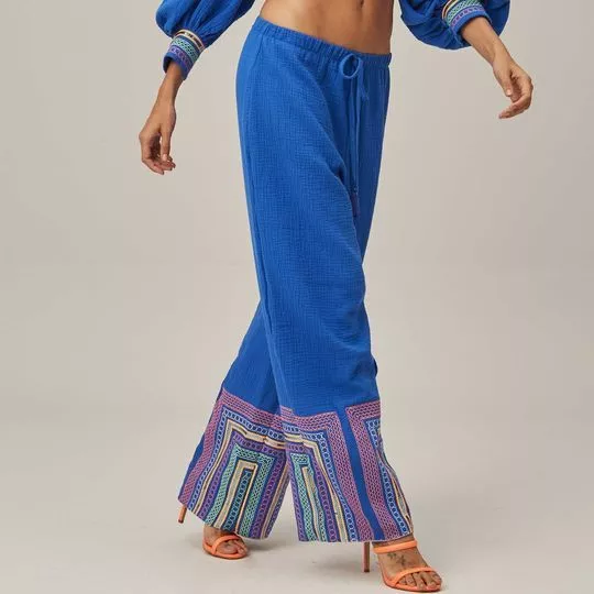 Calça Wide Leg Texturizada - Azul & Laranja - Lança Perfume