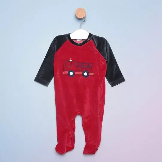 Macacão Infantil Caminhão Com Recortes - Vermelho & Preto - Tip Top