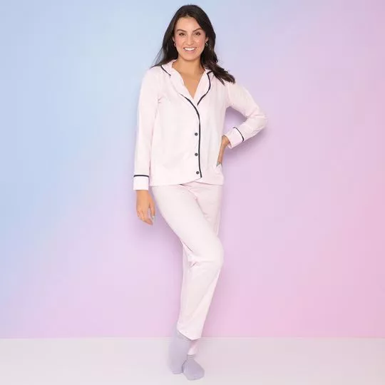 Pijama Liso -  Rosa Claro & Azul Marinho - Zulai