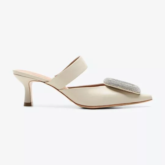 Mule Em Couro Com Aviamento - Off White & Prateado - Arezzo & Co.