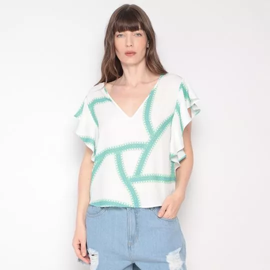 Blusa Abstrata -  Off White & Verde Água - ZINCO