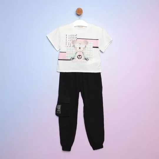 Conjunto De Blusa & Calça Jogger Com Recortes -  Off White & Preto - PETIT CHERIE