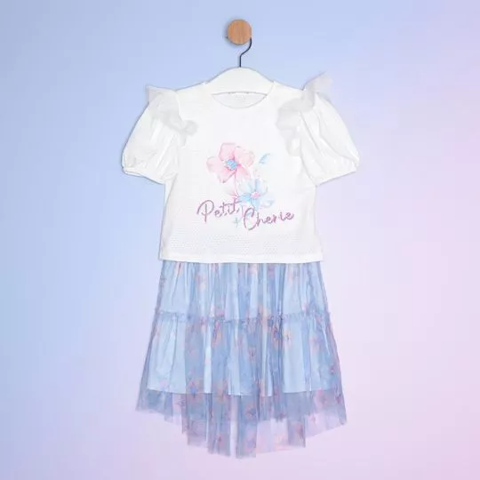 Conjunto De Blusa Com Paetês & Saia Evasê Com Sobreposição -  Branco & Azul Claro - PETIT CHERIE