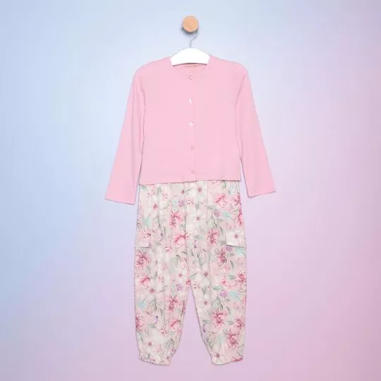 Conjunto De Cardigã, Blusa Canelada & Calça Jogger Floral -  Rosa & Rosa Claro - PETIT CHERIE