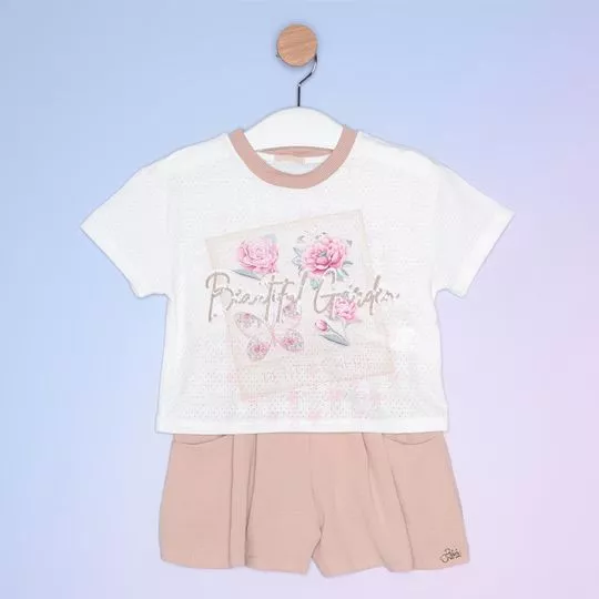 Conjunto De Blusa Floral & Short -  Branco & Rosa Claro - PETIT CHERIE