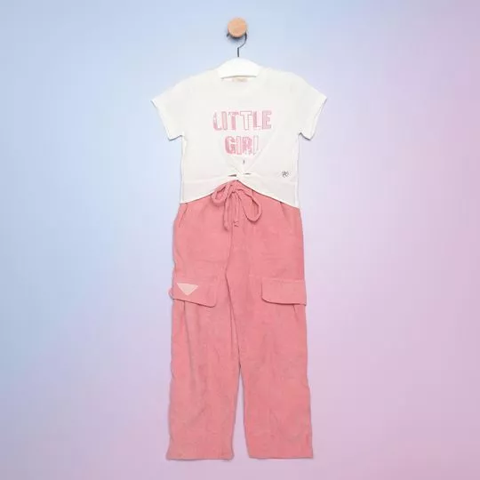 Conjunto De Blusa & Calça Cargo Aveludada -  Branco & Rosa - PETIT CHERIE