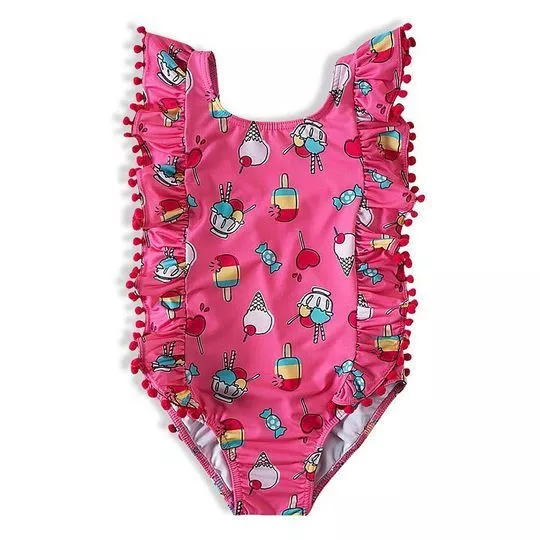 Maiô Infantil Sorvete Com Babados - Pink & Vermelho - Tip Top