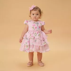 Vestido Floral<BR>- Rosa Claro & Verde