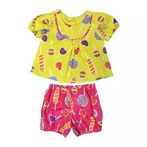 Conjunto De Blusa & Short Doces<BR>- Pink & Amarelo