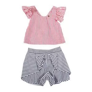 Conjunto De Blusa & Short Listrado<BR>- Vermelho & Azul Marinho